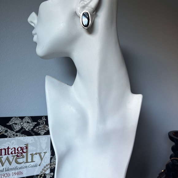 Vintage Taxco 950 Silver Earrings Clip on Black Onyx Large Mexican Modernist - Picture 7 of 7